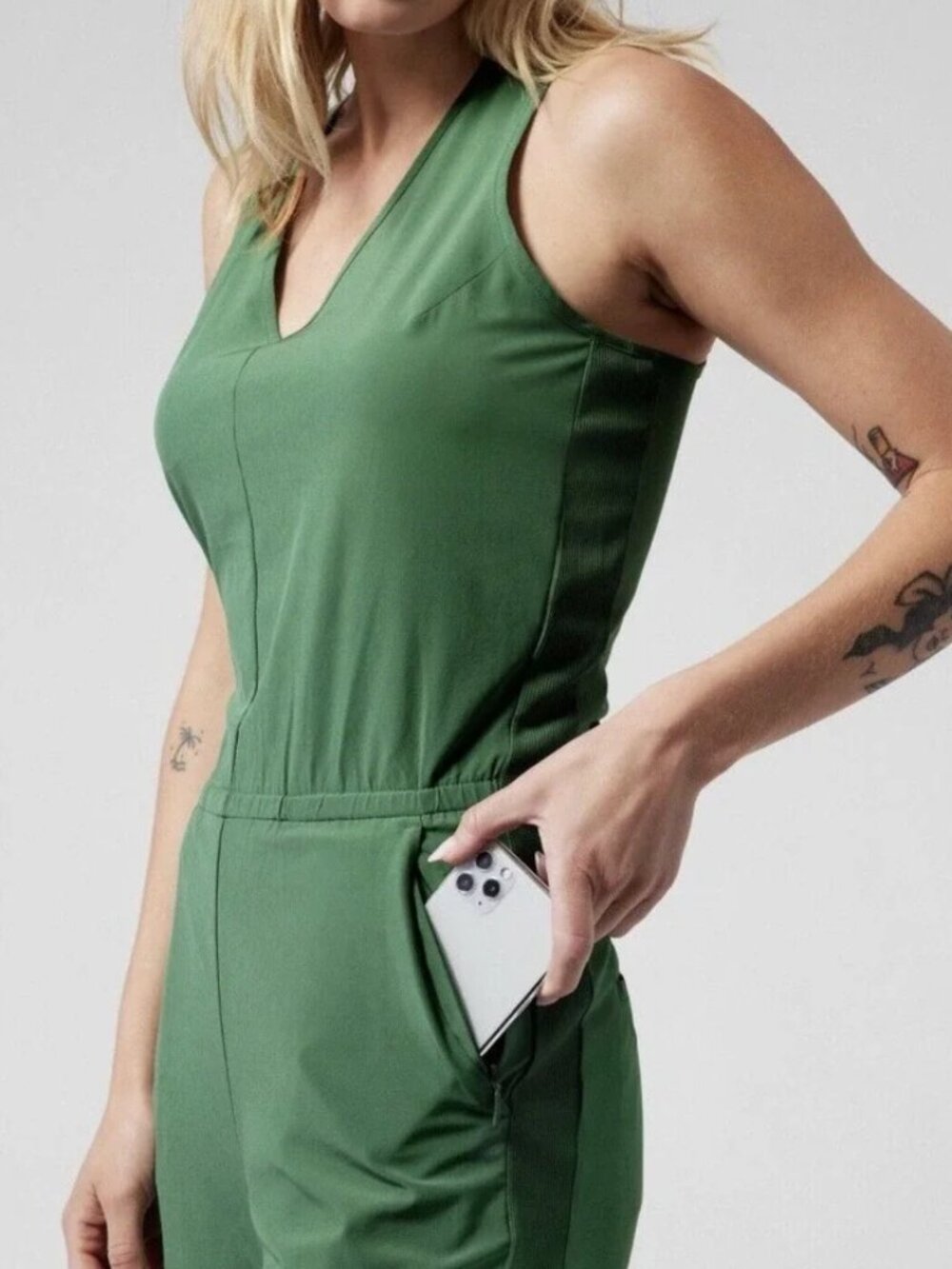 Athleta Brooklyn Utility Jumpsuit Sage Green Sleeveless Stretch Size 8